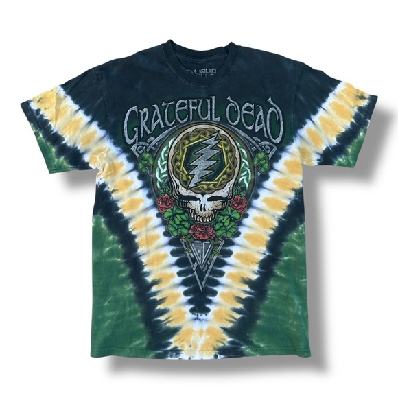 Grateful Dead Liquid Blue Shamrock Irish T-Shirt Tie Dye Green Medium Vtg Y2K - Picture 1 of 5